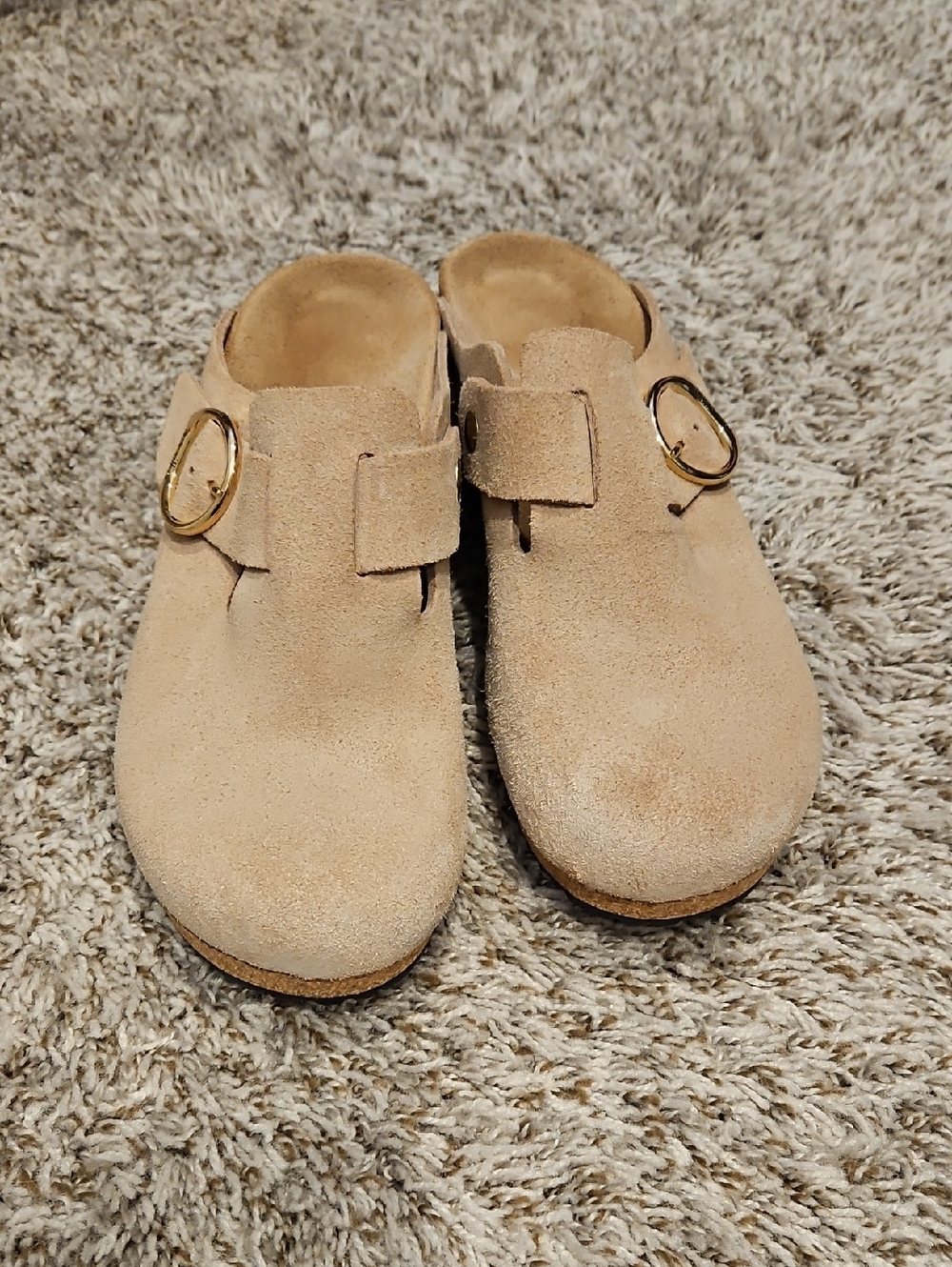 Birkenstock Beige Suede Clog Mules with Gold Buckles